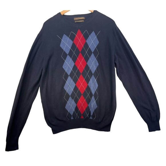 Sebastian Cooper Mens Argyle Sweater Modern Fit Navy Cotton Cashmere Blend - Picture 1 of 9